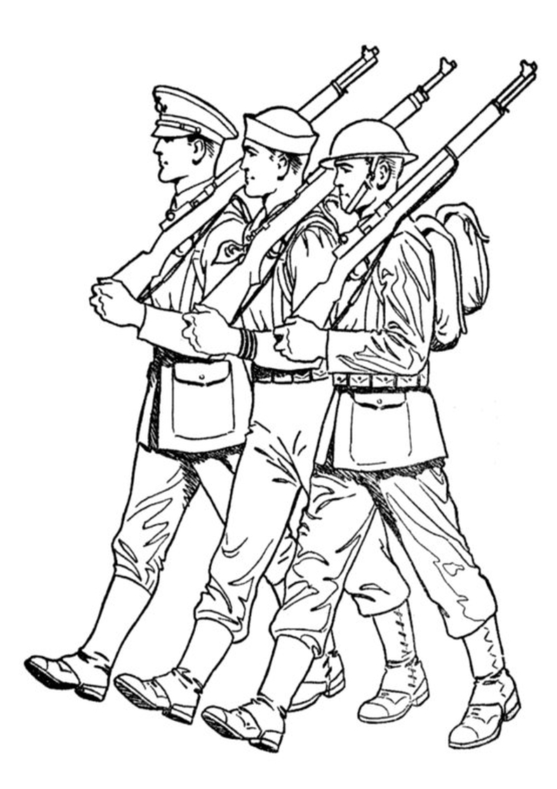 kolorowanka wojsko maszerujący żołnierze, malowanka do wydruku dla chłopców nr 47